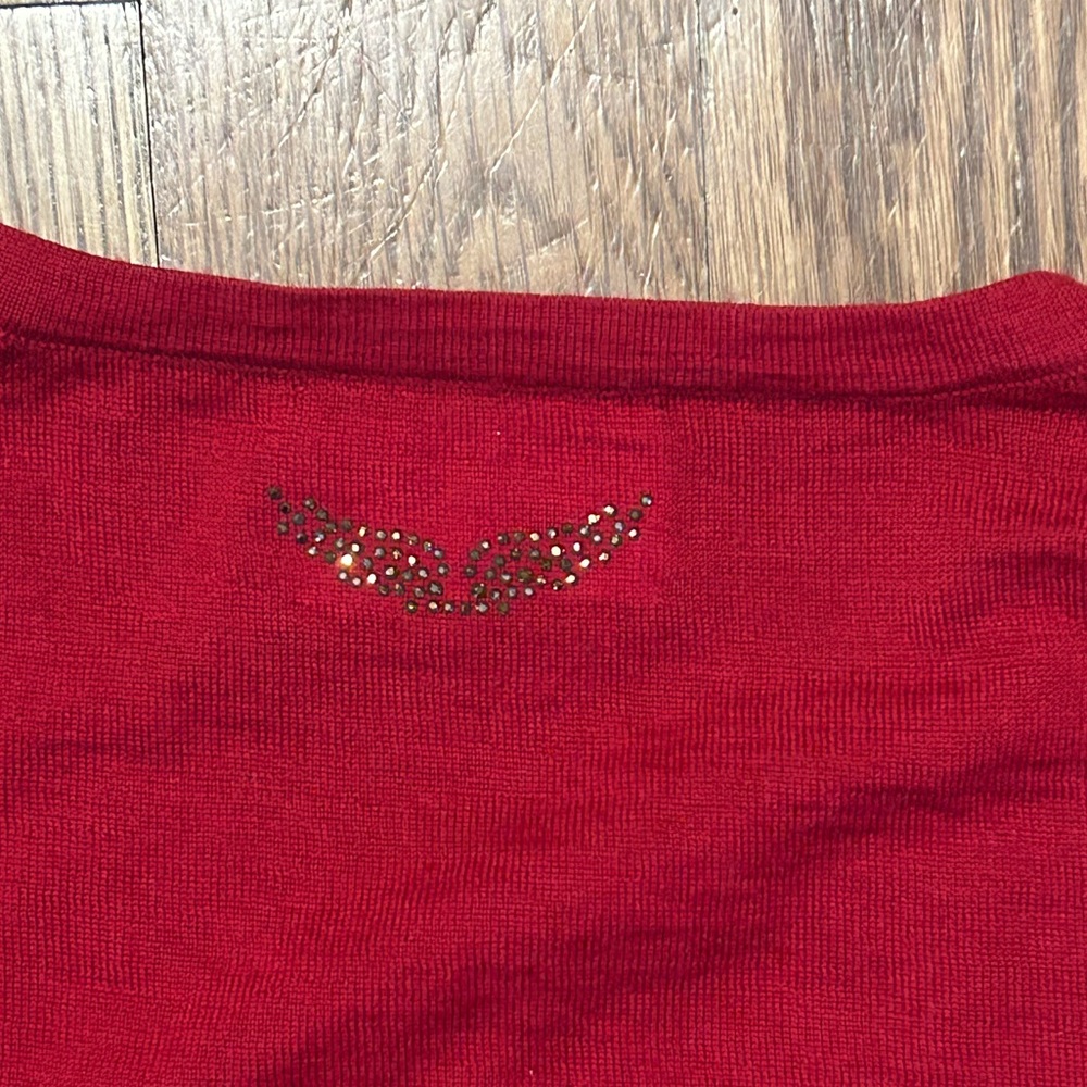 Zadig & Voltaire Vibrant Red Skull & Wing Rhinestone Henley Edgy - Picture 14 of 14
